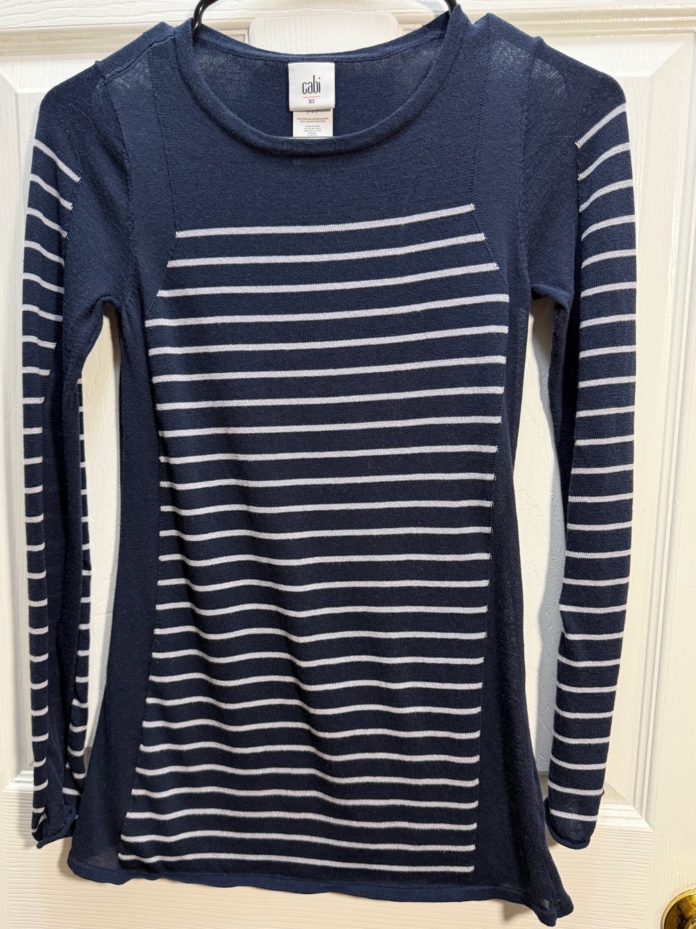 CAbi Navy & White Striped Crewneck Top